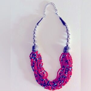 Vintage necklace Silver beads, Red, blues seed bead  adjustable 20” Multistrand